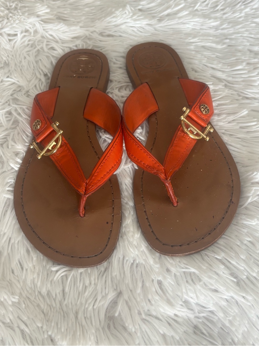 Tory Burch Orange Leather Toe-Post Sandals with Gold Logo Hardware